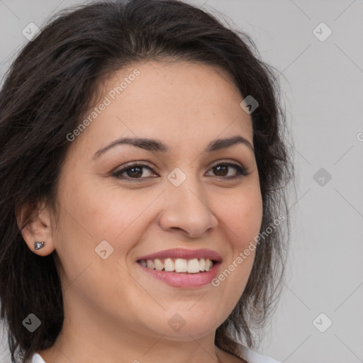 Joyful white young-adult female with medium  brown hair and brown eyes