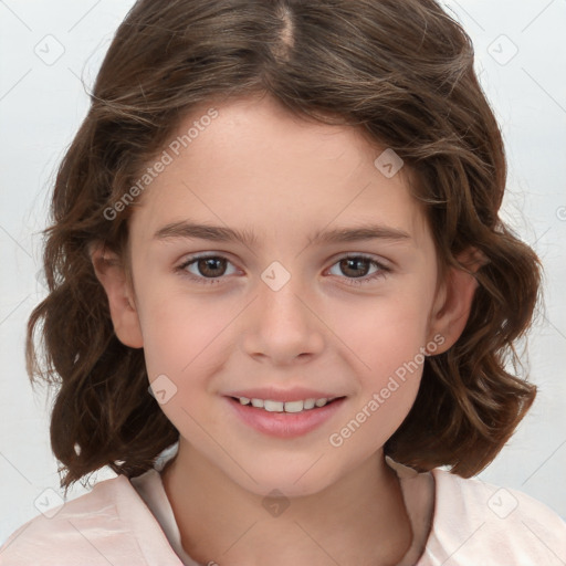 Joyful white child female with medium  brown hair and brown eyes