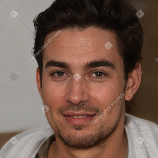 Joyful white young-adult male with short  brown hair and brown eyes