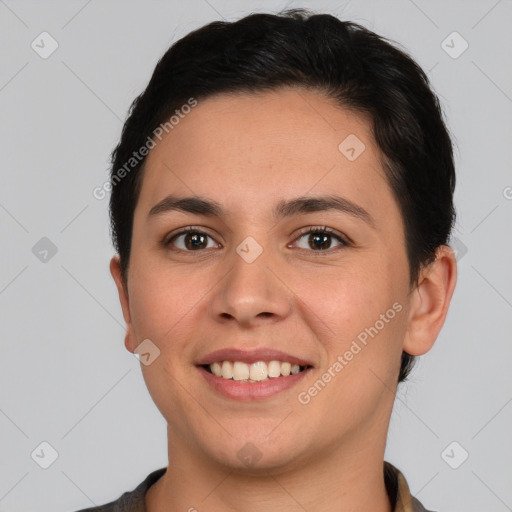 Joyful white young-adult female with short  brown hair and brown eyes