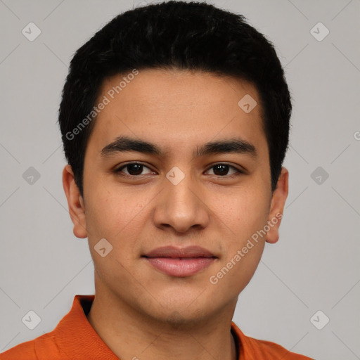 Joyful latino young-adult male with short  black hair and brown eyes