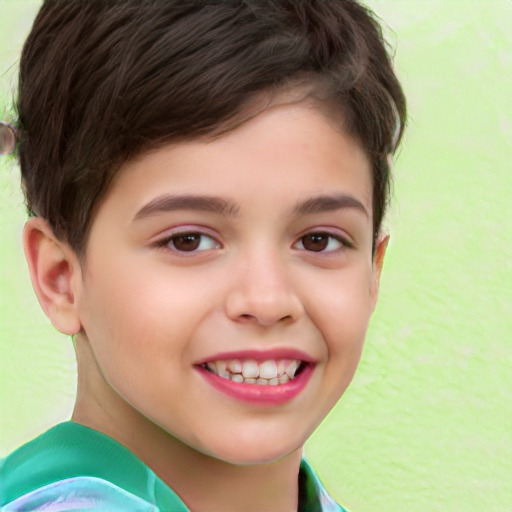 Joyful white child female with short  brown hair and brown eyes