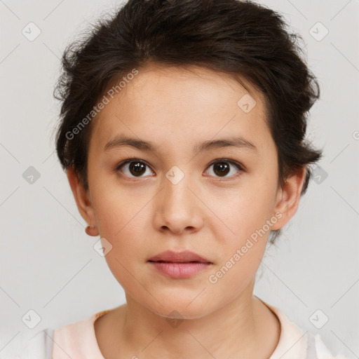 Neutral white young-adult female with short  brown hair and brown eyes