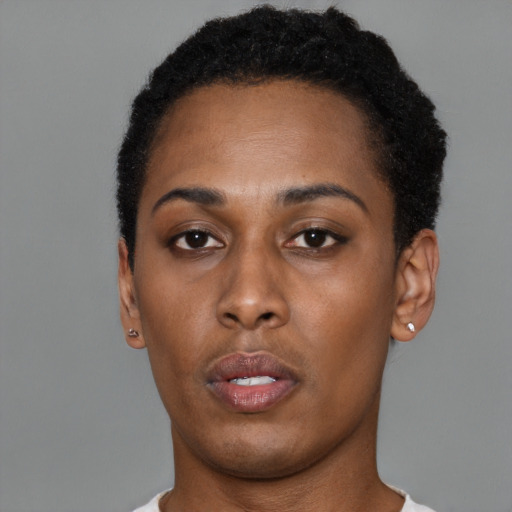 Neutral black young-adult female with short  black hair and brown eyes