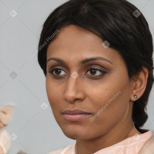 Neutral white young-adult female with medium  brown hair and brown eyes