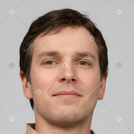 Neutral white young-adult male with short  brown hair and brown eyes