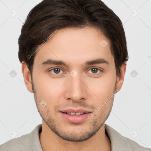 Neutral white young-adult male with short  brown hair and brown eyes