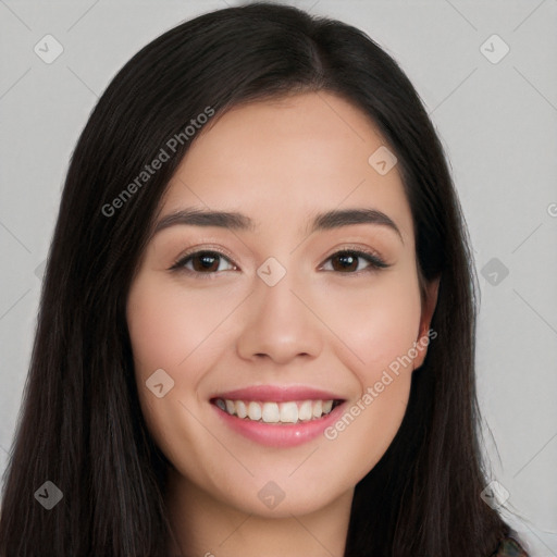 Joyful white young-adult female with long  black hair and brown eyes