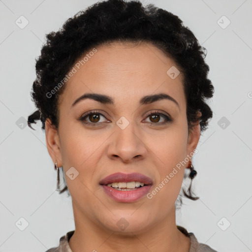 Joyful latino young-adult female with short  brown hair and brown eyes