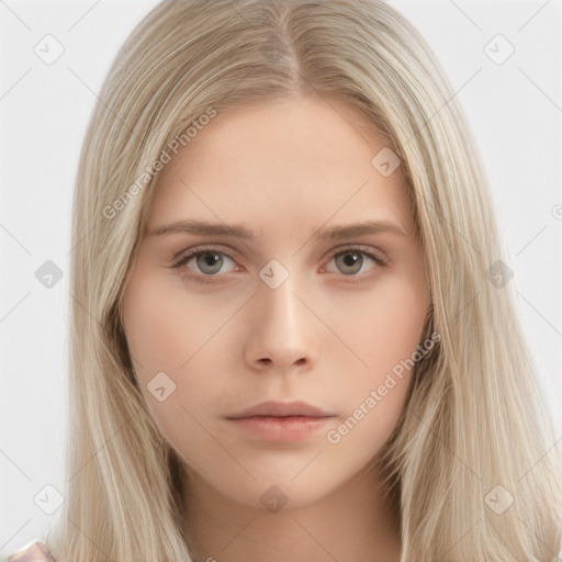 Neutral white young-adult female with long  brown hair and grey eyes