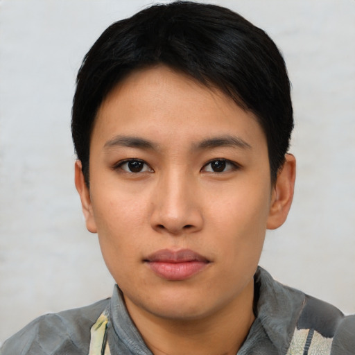 Neutral asian young-adult female with short  black hair and brown eyes