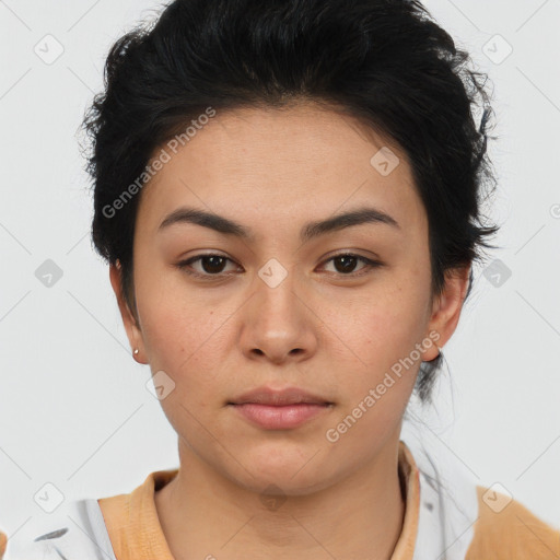 Neutral asian young-adult female with short  brown hair and brown eyes