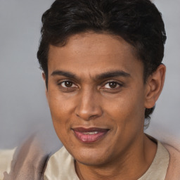 Joyful latino young-adult male with short  brown hair and brown eyes