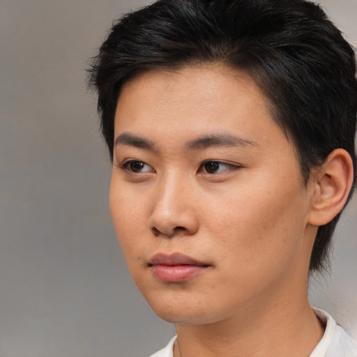 Neutral asian young-adult female with short  brown hair and brown eyes