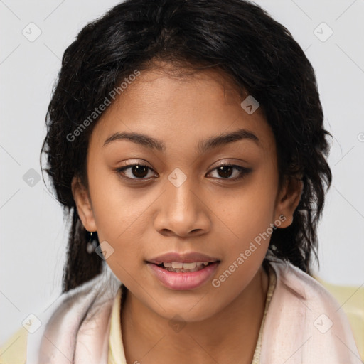 Joyful latino young-adult female with long  brown hair and brown eyes