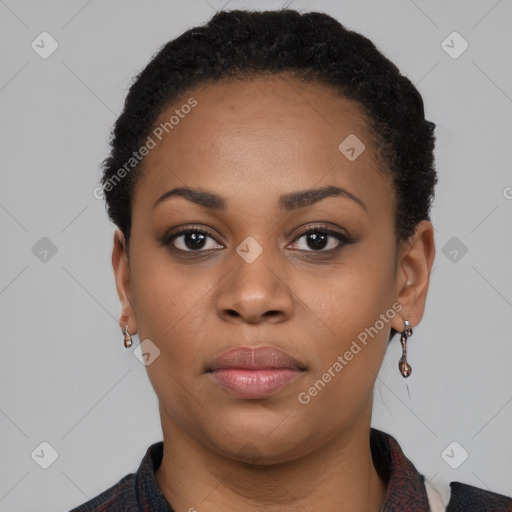 Neutral black young-adult female with short  black hair and brown eyes