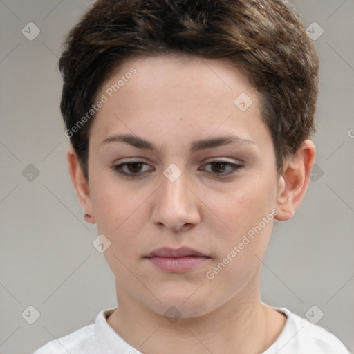 Neutral white young-adult female with short  brown hair and brown eyes