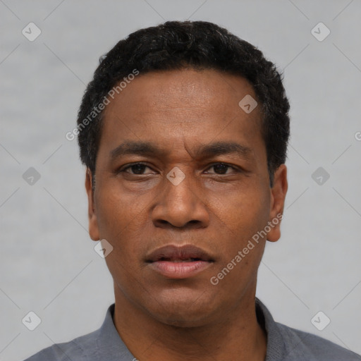 Neutral latino adult male with short  black hair and brown eyes