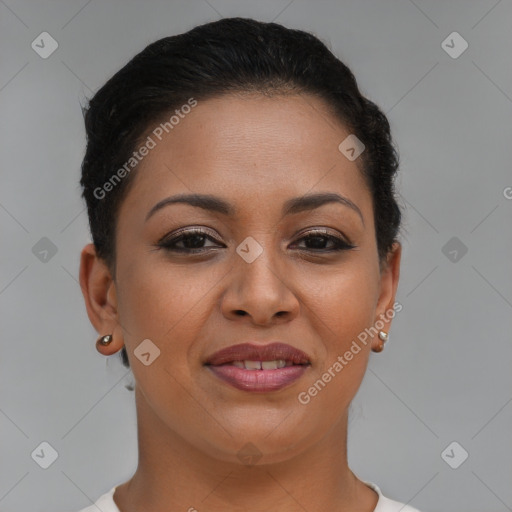 Joyful latino young-adult female with short  brown hair and brown eyes