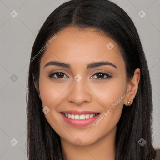 Joyful latino young-adult female with long  brown hair and brown eyes