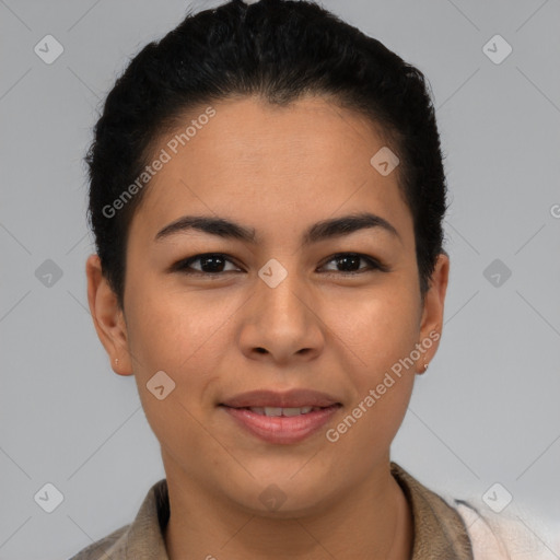 Joyful latino young-adult female with short  brown hair and brown eyes