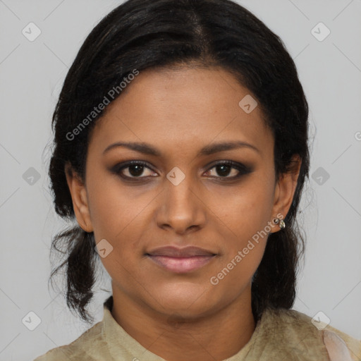 Joyful latino young-adult female with medium  black hair and brown eyes