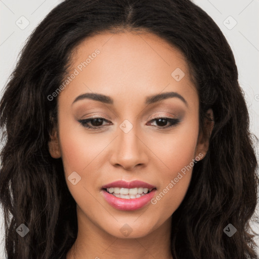 Joyful white young-adult female with long  black hair and brown eyes