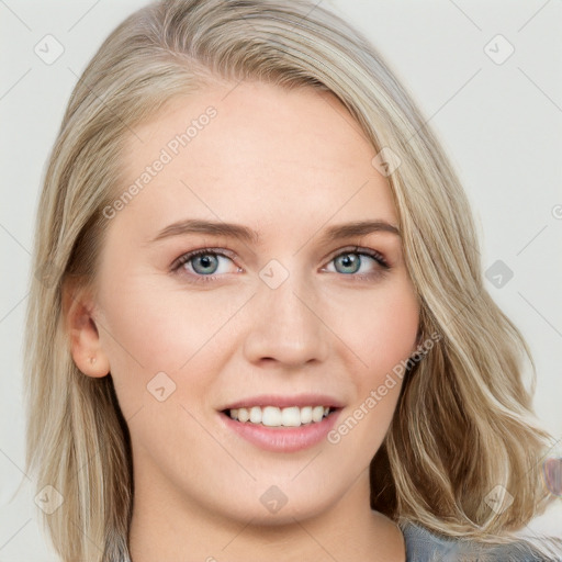 Joyful white young-adult female with medium  brown hair and blue eyes