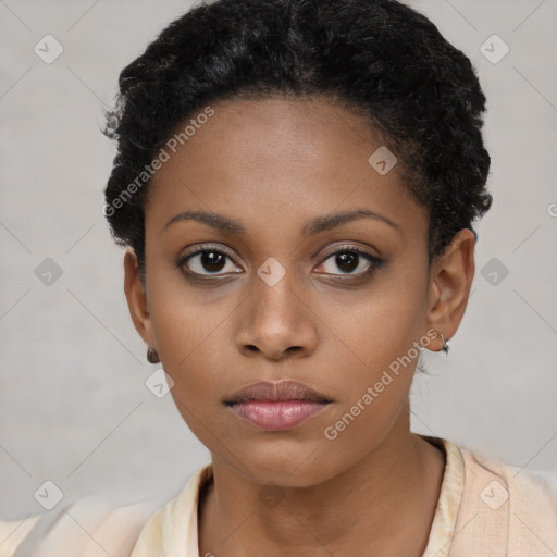 Neutral black young-adult female with short  black hair and brown eyes