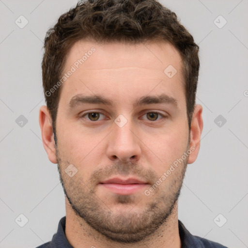 Neutral white young-adult male with short  brown hair and grey eyes