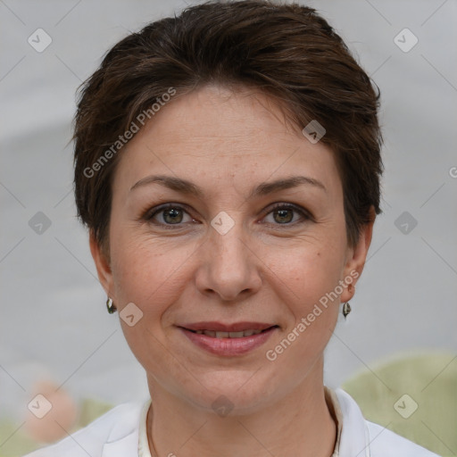 Joyful white adult female with short  brown hair and brown eyes