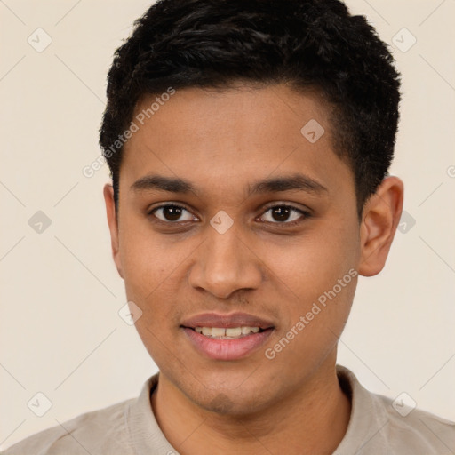 Joyful latino young-adult male with short  brown hair and brown eyes