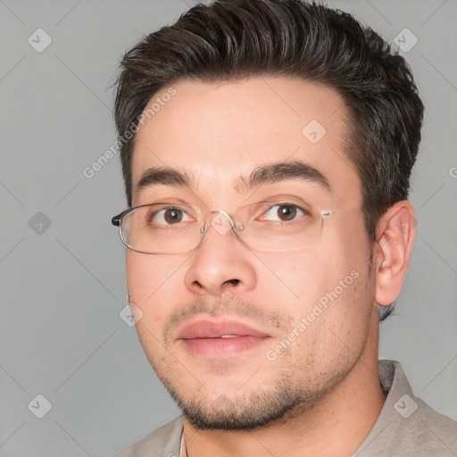 Neutral white young-adult male with short  brown hair and brown eyes