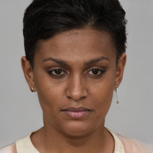 Neutral black young-adult female with short  brown hair and brown eyes