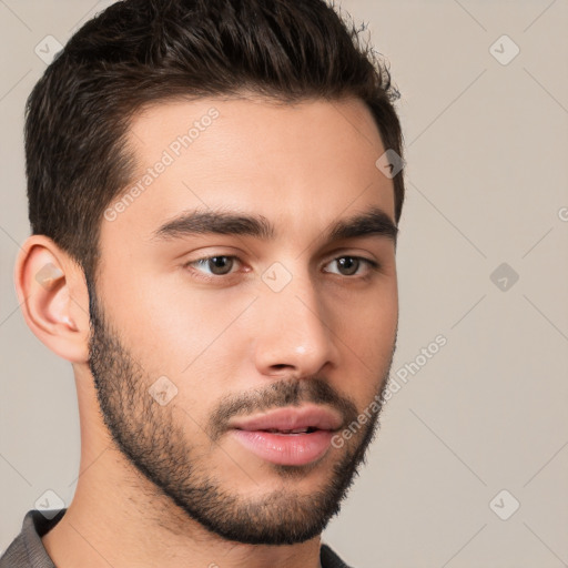 Neutral white young-adult male with short  brown hair and brown eyes