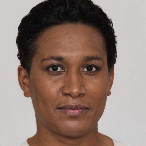 Neutral black young-adult female with short  brown hair and brown eyes