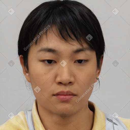 Neutral asian young-adult female with short  brown hair and brown eyes