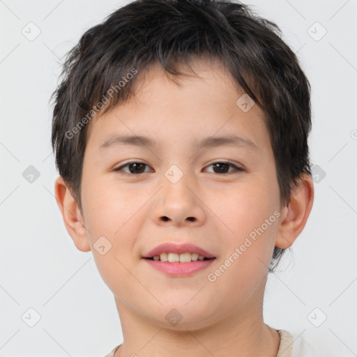 Joyful white child male with short  brown hair and brown eyes