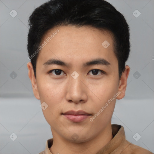 Neutral asian young-adult male with short  brown hair and brown eyes