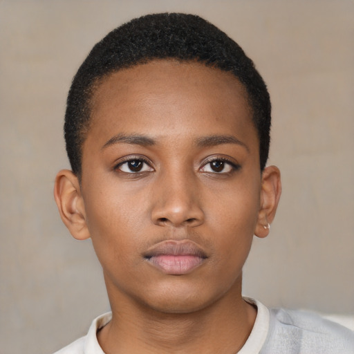 Neutral black young-adult female with short  brown hair and brown eyes