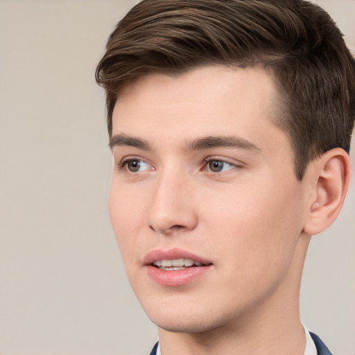 Neutral white young-adult male with short  brown hair and brown eyes