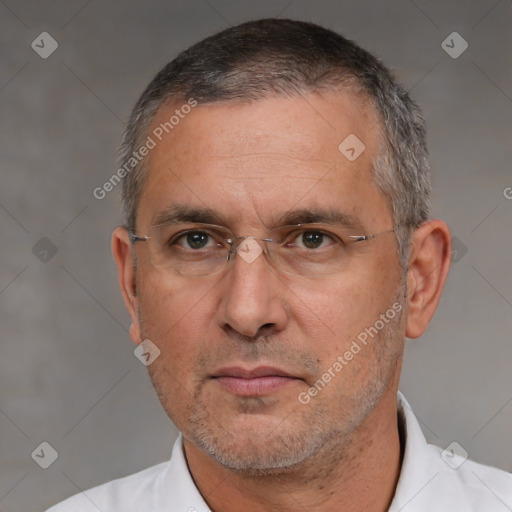 Neutral white adult male with short  brown hair and brown eyes