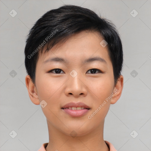 Joyful asian young-adult female with short  brown hair and brown eyes