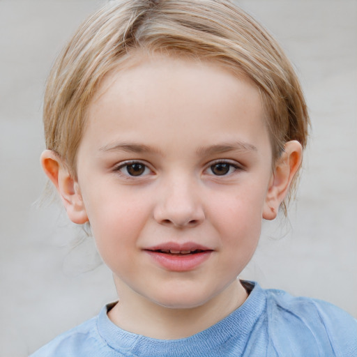 Joyful white child female with medium  brown hair and blue eyes