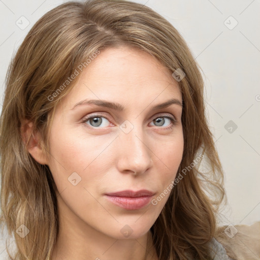 Neutral white young-adult female with long  brown hair and grey eyes