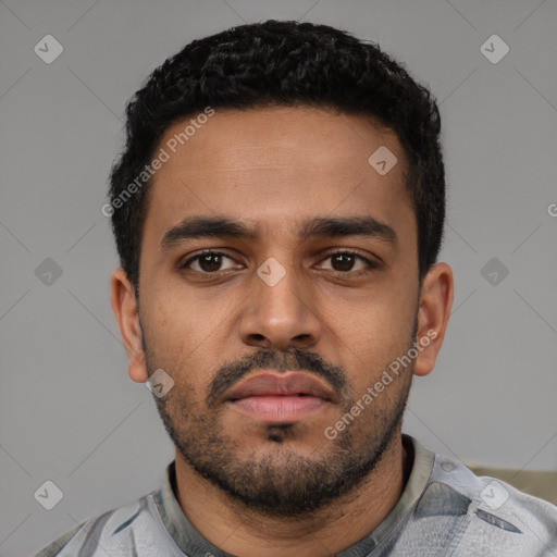 Neutral latino young-adult male with short  black hair and brown eyes
