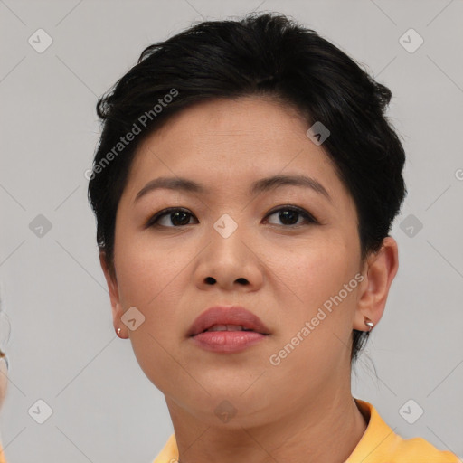 Neutral asian young-adult female with short  brown hair and brown eyes