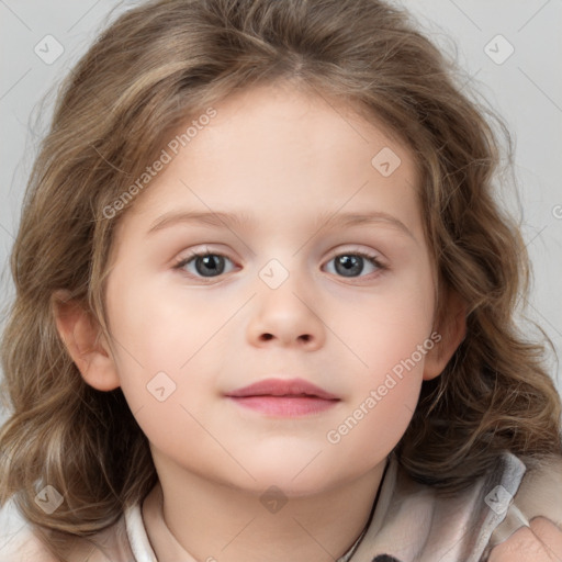 Neutral white child female with medium  brown hair and blue eyes