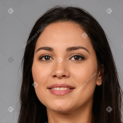 Joyful white young-adult female with long  brown hair and brown eyes