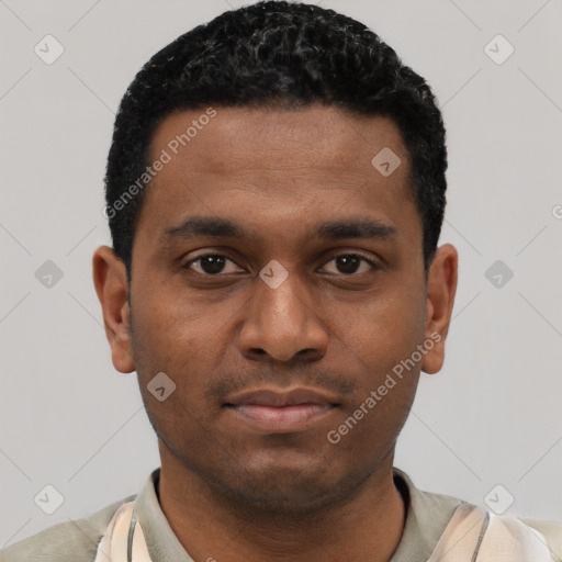 Neutral latino young-adult male with short  black hair and brown eyes